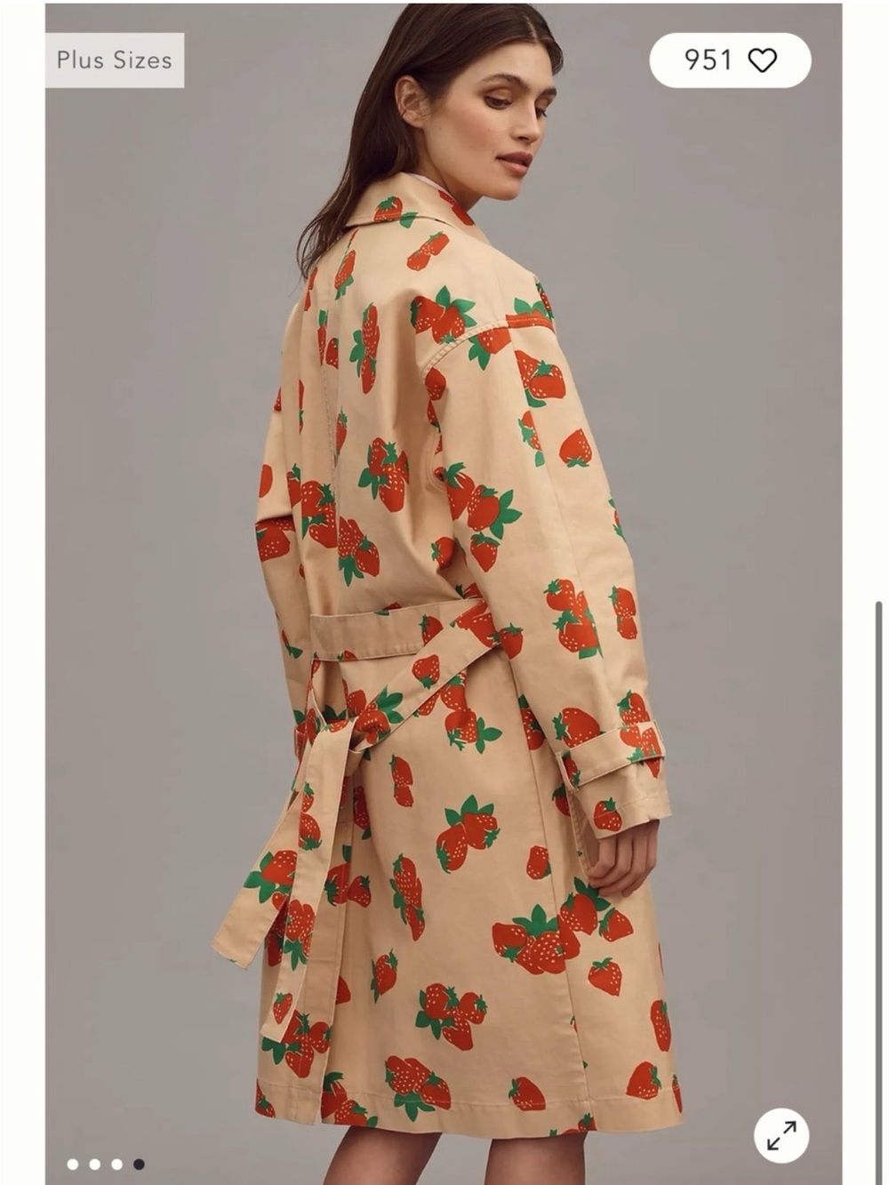 Anthropologie / Maeve Beige Trench Coat with Red & Green Strawberry Print - Picture 8 of 9